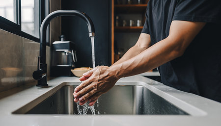A person diligently washes their hands under a running faucet in a modern kitchen, emphasizing the importance of hygiene and health.の素材
