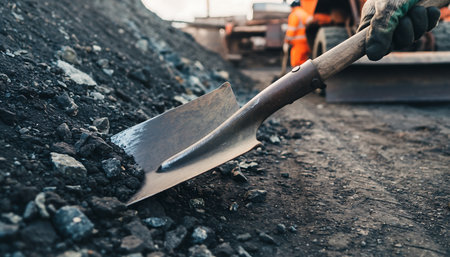 A shovel digs into a pile of coal on a construction site, with a worker and machinery visible in the background.の素材
