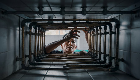 A man intensely focused, navigating a tight, industrial space filled with pipes and metal structures, showcasing determination and problem-solving in a challenging environment.の素材
