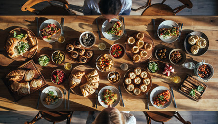A wooden table is covered with a variety of appetizers, perfect for sharing and enjoying with friends and family.の素材