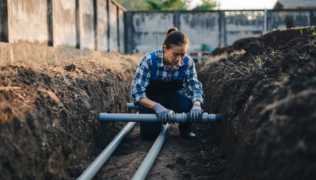 A woman is focused on connecting pipes in a trench, likely for a septic system installation, showcasing home improvement and plumbing work.の素材
