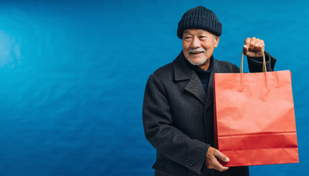 An elderly Asian man smiles while holding a red shopping bag in front of a blue backdrop, wearing a beanie and coat.の素材