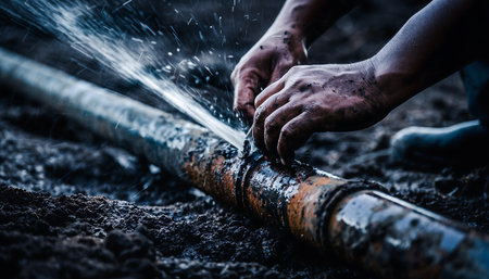 Close-up of hands urgently repairing a leaking pipe with water spraying out, showcasing the immediate need for plumbing solutions and maintenance.の素材