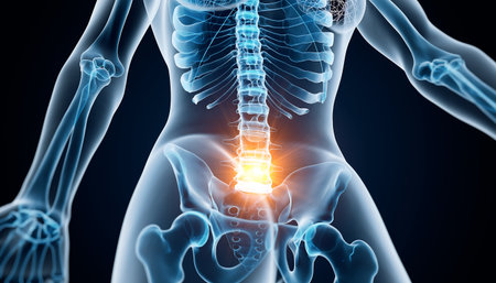 A medical illustration highlighting lower back pain in the human skeletal system, focusing on the spine and pelvic region.の素材