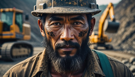 A close-up portrait of a determined miner, showcasing the grit and resilience of those working in the industry.の素材