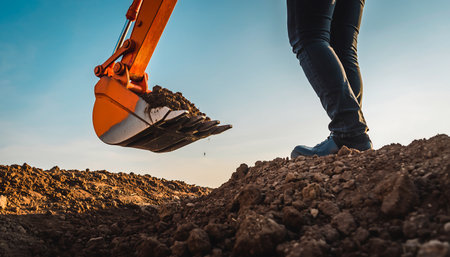A low-angle shot of an excavator digging on a construction site, with a worker standing nearby, showcasing the scale and activity of the project.の素材
