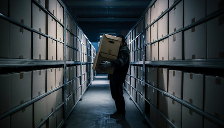 A man is carrying a box in a dark warehouse aisle filled with shelves of boxes, creating a sense of mystery and industry.の素材
