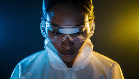 Portrait of female scientist in protective suit looking at camera in laboratoryの素材