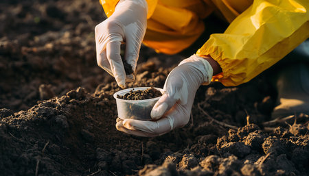 cropped view of agronomist in latex gloves planting seedling in soilの素材