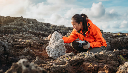 A girl in a bright orange jacket sits on the rocks and looks at the rock.の素材