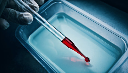 Pipette with red liquid in the laboratory. Toned.の素材