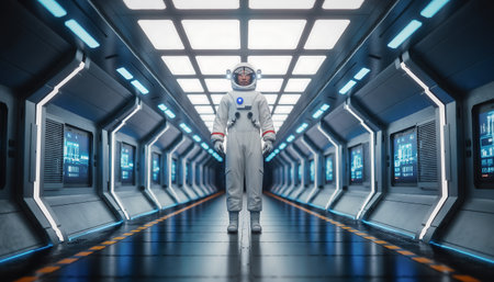 Astronaut in futuristic corridor. 3D rendering. Mixed mediaの素材
