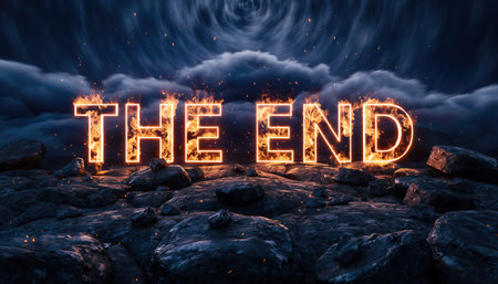 Radiant âThe End of the Worldâ Text Shining Against a Deep Shadowed Backdrop â Dramatic 3D Imagery with Intense Cinematic Atmosphereの素材