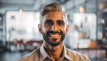 Portrait of handsome businessman looking at camera and smiling while standing in cafeの素材