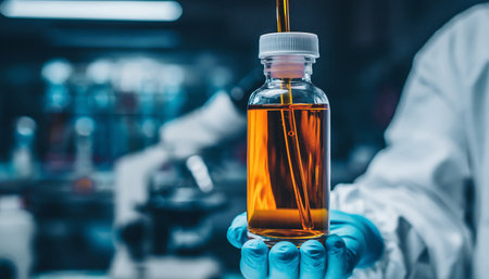 Laboratory glassware containing chemical liquid. Science and medical background.の素材