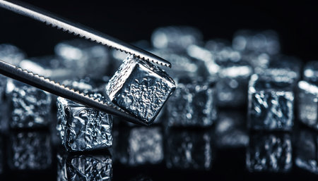 Stainless steel tongs with ice cubes on black background.の素材