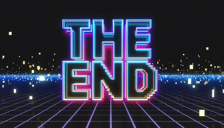 3d rendering of the word THE END and glowing neon sign on a dark backgroundの素材