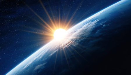 View of the planet Earth from space during a sunrise 3D renderingの素材