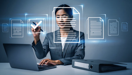 Businesswoman working with documents in office and business interface on the backgroundの素材