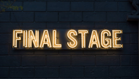 Neon Sign with the Words âFinal Stageâ on a Brick Wall, Glowing Typography Illustration, Urban and Industrial Design, Digital Art, Futuristic Concept, Modern Neon Artworkの素材