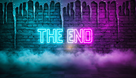The end. Neon sign on brick wall background. 3D renderingの素材