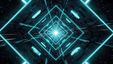 3d rendering of abstract background with neon lights. glowing triangle tunnelの素材