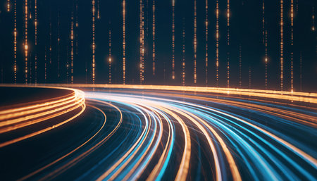 Abstract light trails on the dark background. The concept of speed and motion. 3d renderingの素材