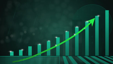 Illustration of a green business chart with arrow going up on a dark backgroundの素材