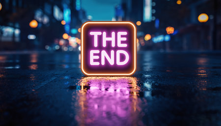 Neon sign with text The End on wet asphalt. Night city backgroundの素材