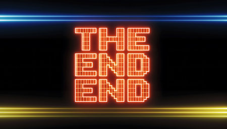 The end of the end text with glowing neon lights on black backgroundの素材