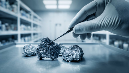 Hand of scientist holding tweezers and working with crystals in laboratoryの素材