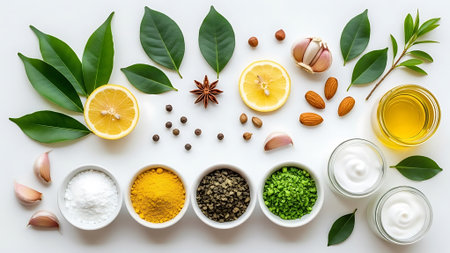 Spices and herbs on white background. Food and cuisine ingredients.の素材