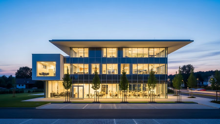 Sunrise view of a modern house in the city center, Germanyの素材