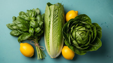 variety of green vegetables on blue background, top view, copy spaceの素材