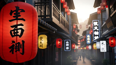 Red lanterns in the streets of the ancient city of Pingyaoの素材