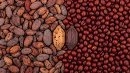 Cacao beans and cacao beans on a dark background.の素材