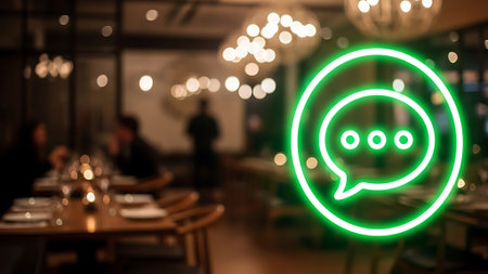 Blurred background of restaurant with bokeh lights and chat bubbleの素材