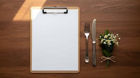 Blank clipboard with cutlery and flowers on wooden table.の素材