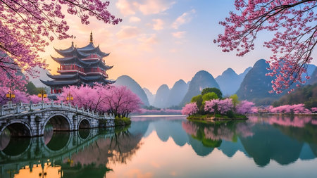 China Guilin landscape with cherry blossom and ancient pagodaの素材