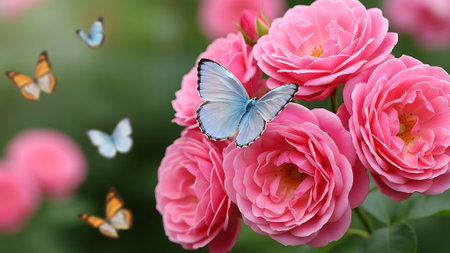 Beautiful pink roses and butterfly on blurred background, closeup viewの素材