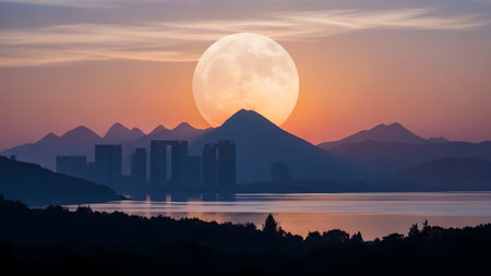 Beautiful landscape of lake and mountain at sunset with full moon.の素材