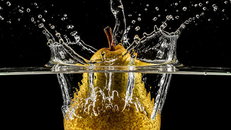 Pear splashing in water on a black background, close-upの素材