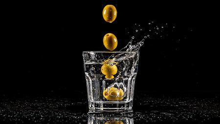 olives splashing into a glass of water on a black backgroundの素材