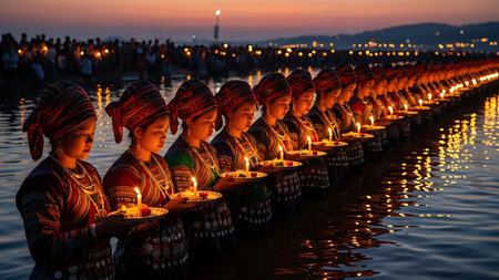 Unidentified women in traditional clothes lighting candles at the Ganga river.の素材