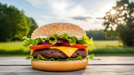 Cheeseburger with fresh vegetables on wooden table in nature backgroundの素材