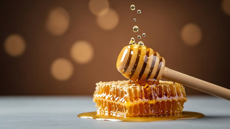 Honey dripping from a wooden honey dipper on a brown backgroundの素材