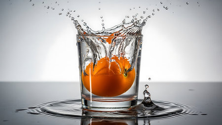 Tomato in a glass of water with splash on a gray backgroundの素材