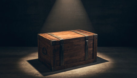 Wooden chest in dark room with spotlight. 3D Renderingの素材