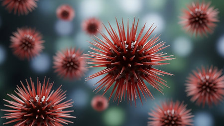 Virus cells in blood, 3D illustration. Coronavirus 2019-nCoVの素材