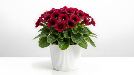 Beautiful red primula flowers in a pot on a white backgroundの素材